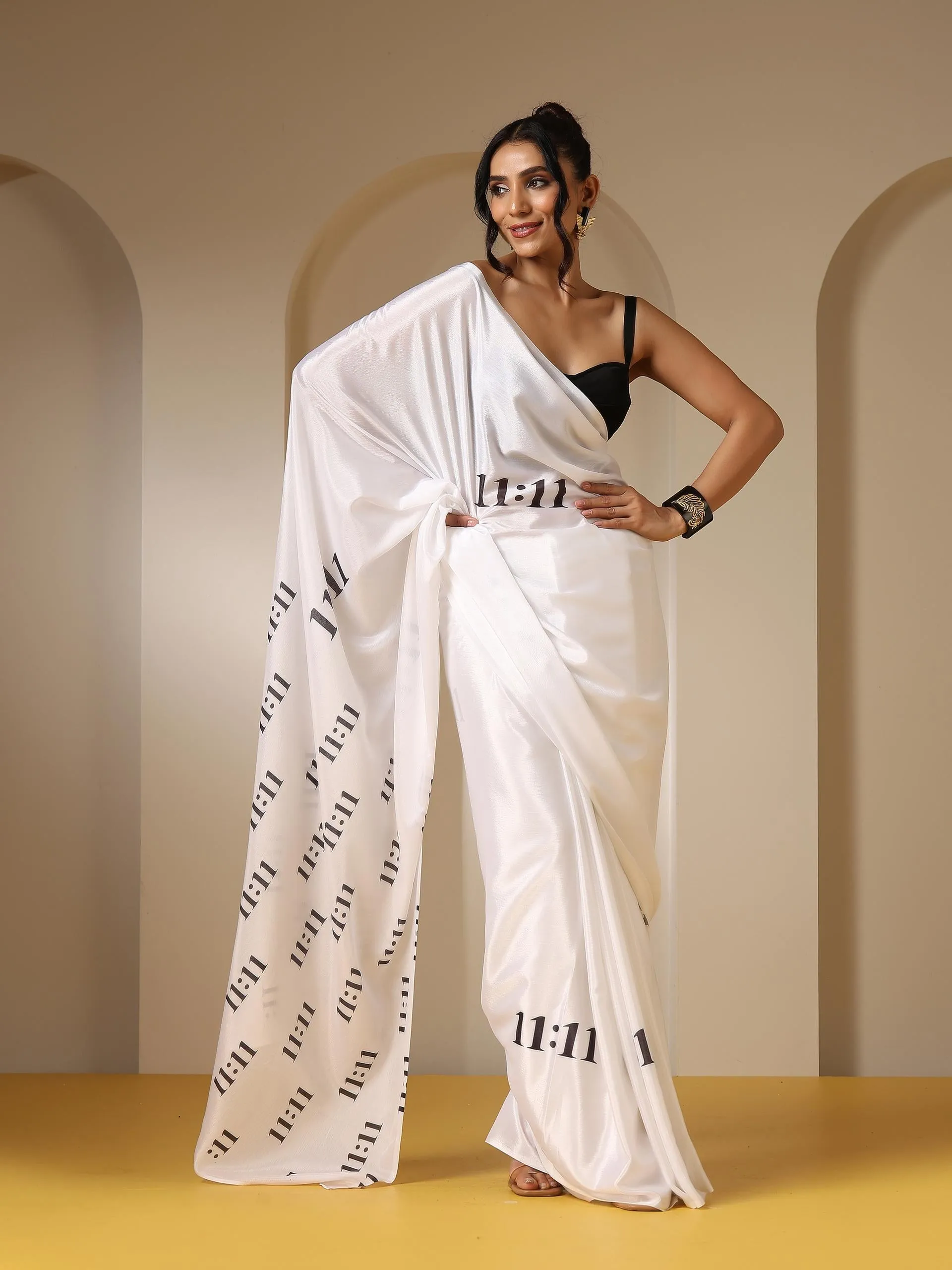 11:11 Printed White Saree with Blouse Fabric