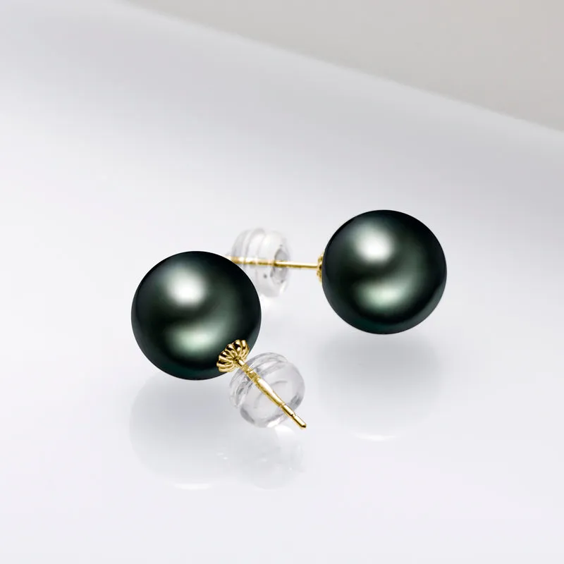 18K Gold Black Tahitian South Sea Cultured Pearl Stud Earrings