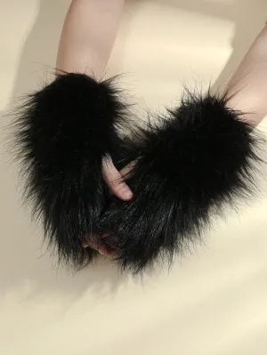 1pair Warm Furry Fingerless Gloves - Black
