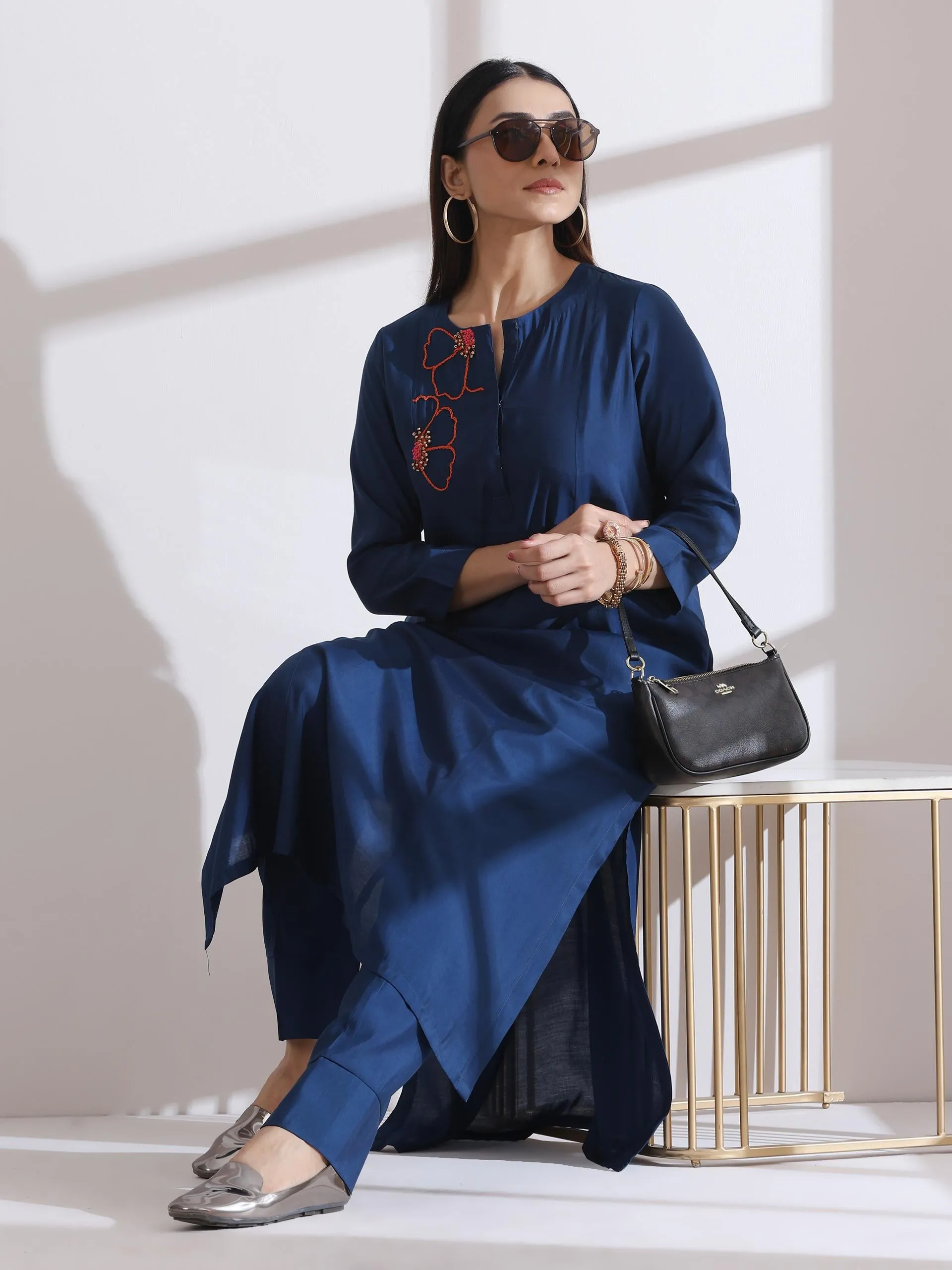 2 Pc Set - Airskin Navy Blue Handmade Flower Kurta With Pants