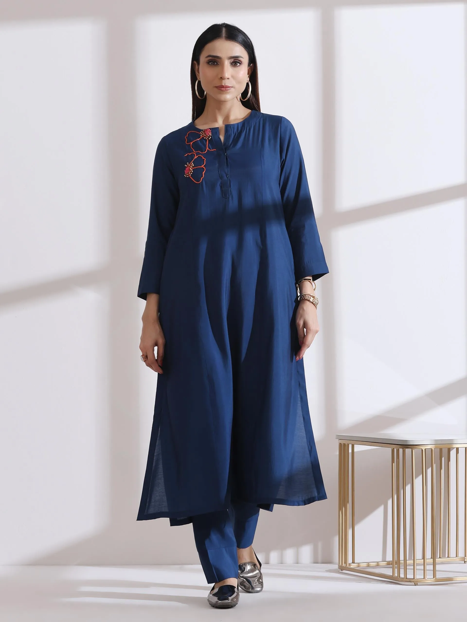 2 Pc Set - Airskin Navy Blue Handmade Flower Kurta With Pants