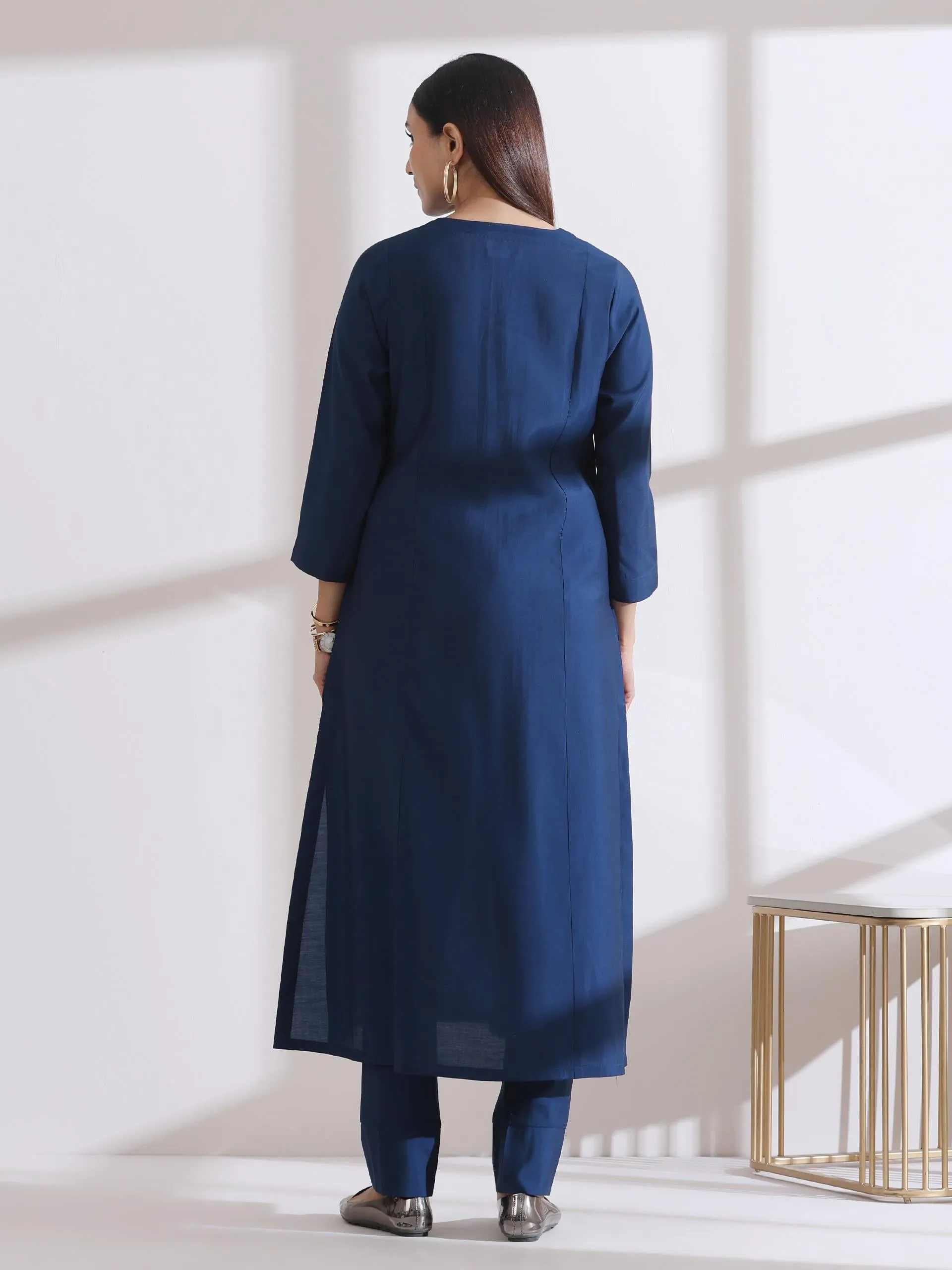 2 Pc Set - Airskin Navy Blue Handmade Flower Kurta With Pants