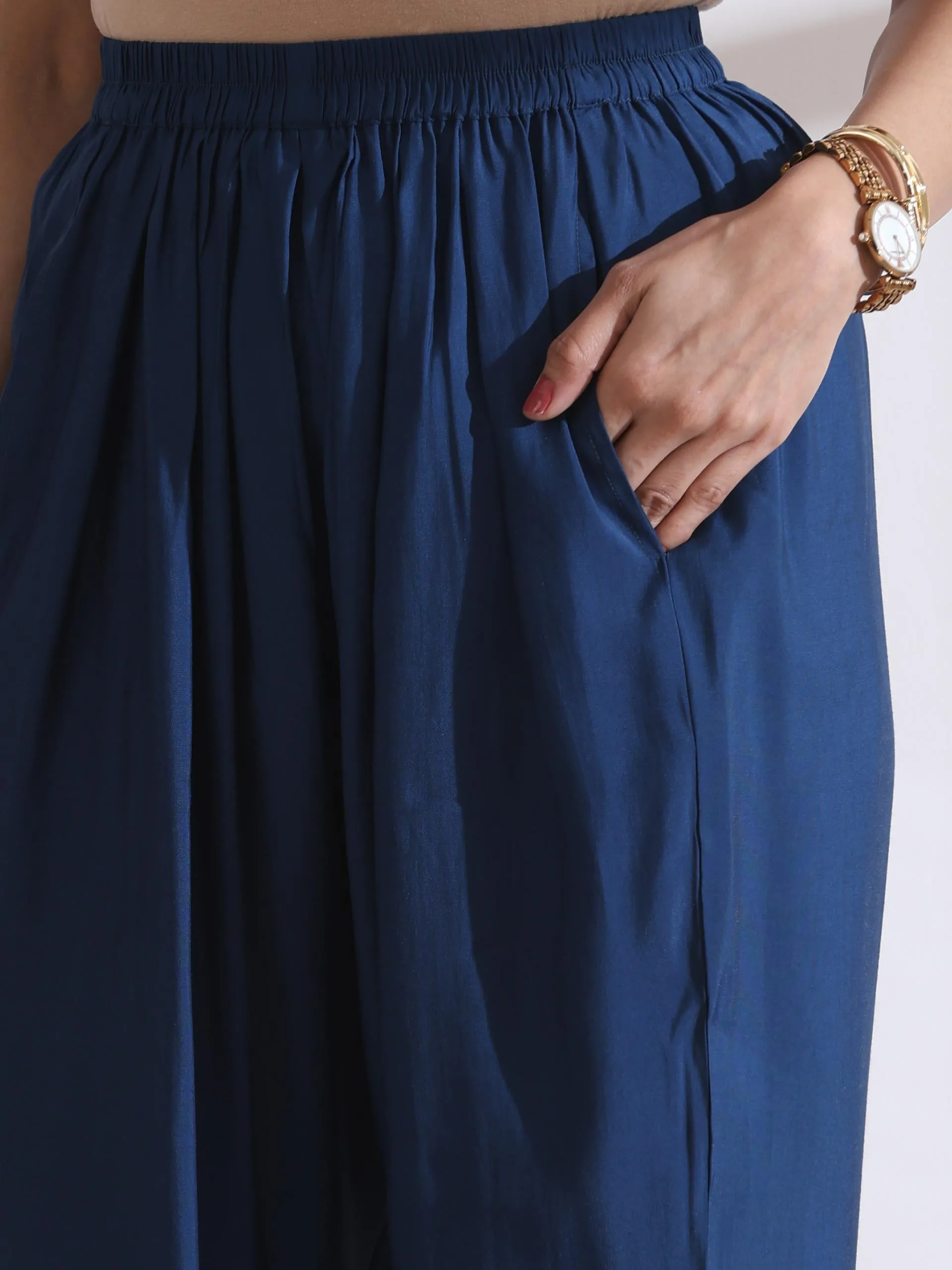 2 Pc Set - Airskin Navy Blue Handmade Flower Kurta With Pants
