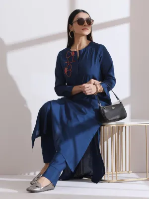 2 Pc Set - Airskin Navy Blue Handmade Flower Kurta With Pants