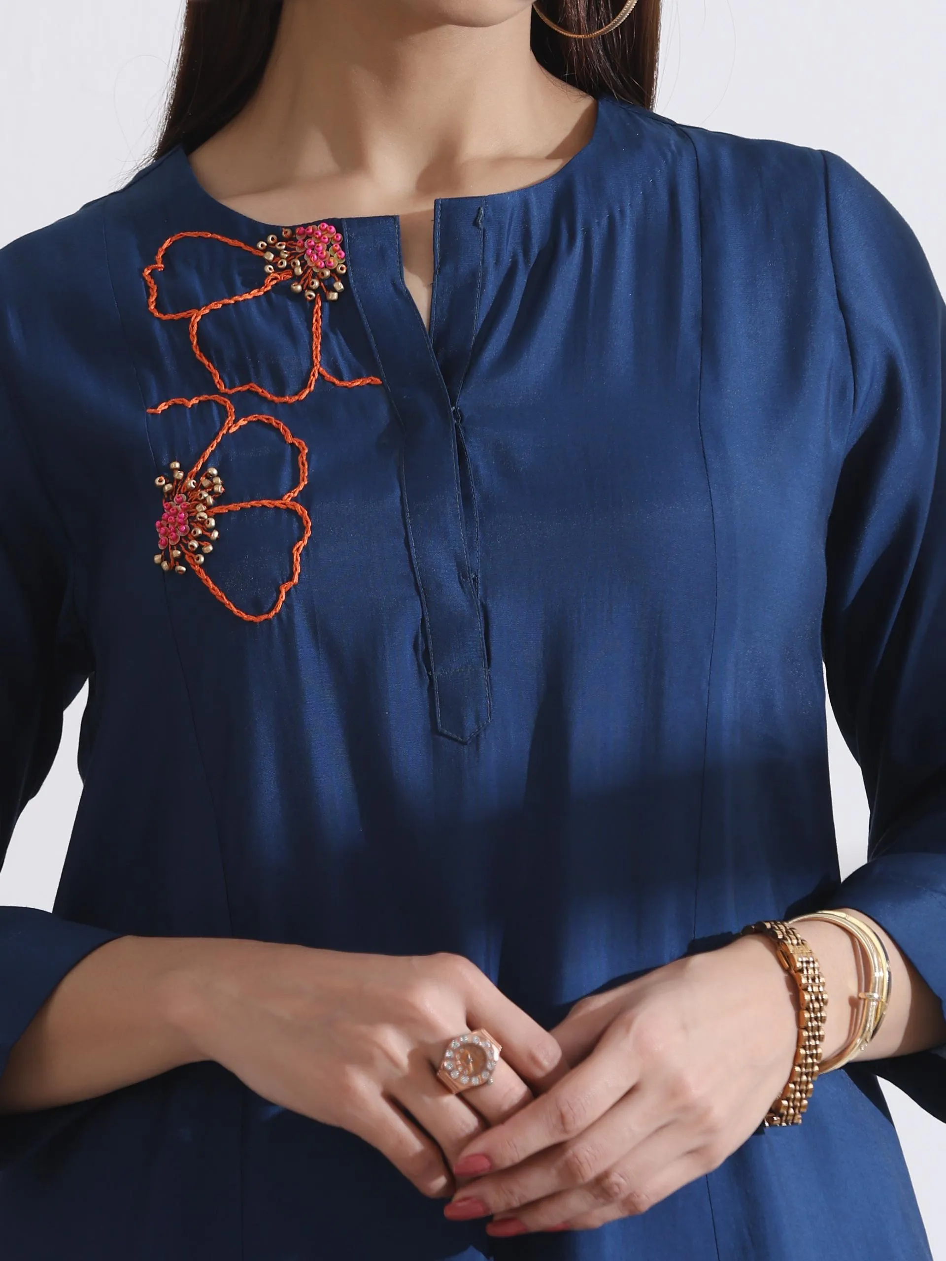 2 Pc Set - Airskin Navy Blue Handmade Flower Kurta With Pants
