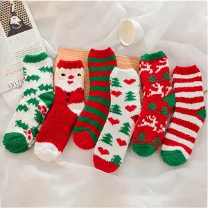 6 PAIRS WOMEN'S WINTER WARM THICKENED CORAL FLEECE CREW CHRISTMAS SOCKS