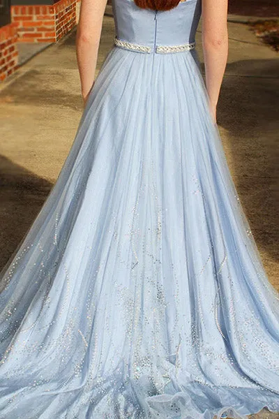 A-Line Sweetheart Sweep Train Blue Tulle Sleeveless Prom Dress with Beading Sequins L006