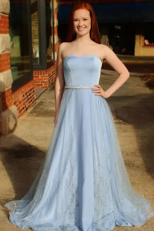 A-Line Sweetheart Sweep Train Blue Tulle Sleeveless Prom Dress with Beading Sequins L006