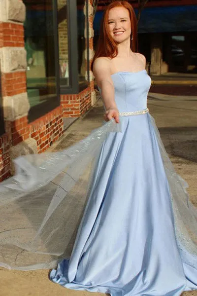 A-Line Sweetheart Sweep Train Blue Tulle Sleeveless Prom Dress with Beading Sequins L006