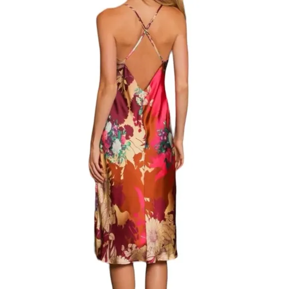 Aakaa Strappy Silky Satin Floral Cowl Neck Midi Summer Slip Dress