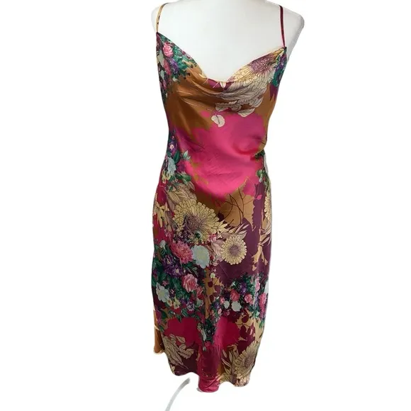 Aakaa Strappy Silky Satin Floral Cowl Neck Midi Summer Slip Dress