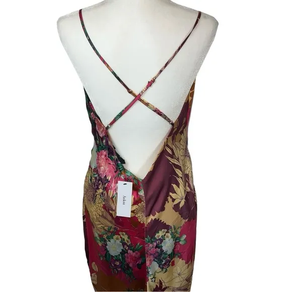 Aakaa Strappy Silky Satin Floral Cowl Neck Midi Summer Slip Dress