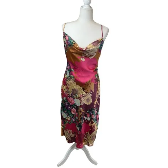 Aakaa Strappy Silky Satin Floral Cowl Neck Midi Summer Slip Dress