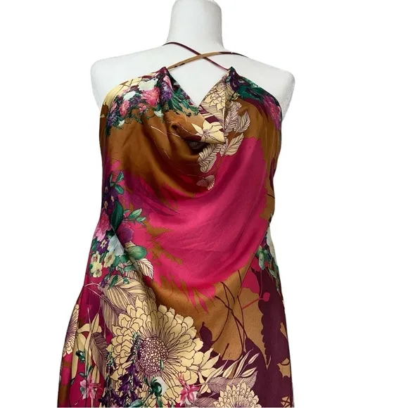 Aakaa Strappy Silky Satin Floral Cowl Neck Midi Summer Slip Dress