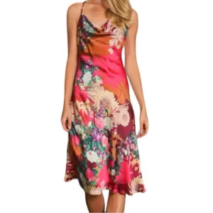 Aakaa Strappy Silky Satin Floral Cowl Neck Midi Summer Slip Dress