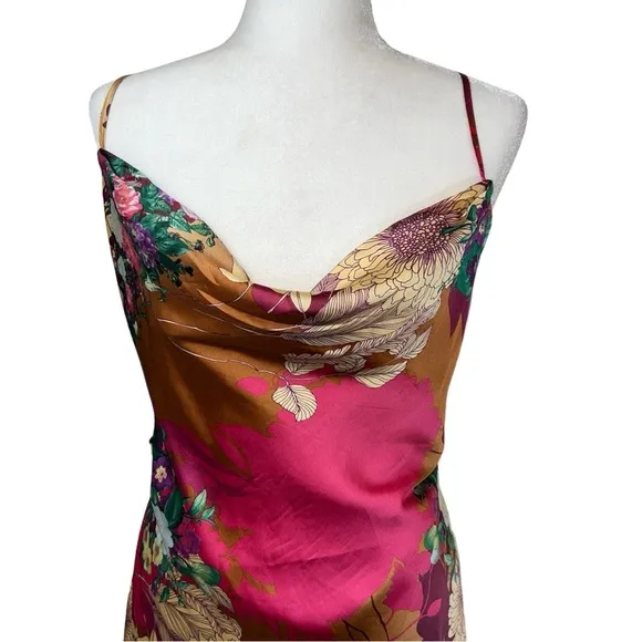 Aakaa Strappy Silky Satin Floral Cowl Neck Midi Summer Slip Dress