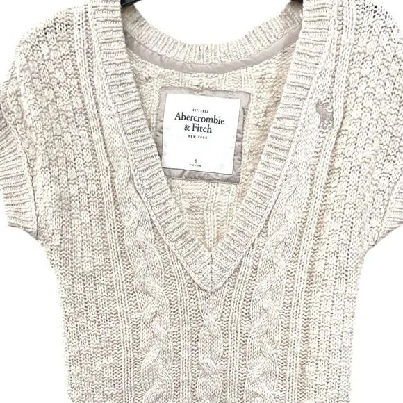 Abercrombie Cable Knit V-Neck Tunic Sweater Y2K Cream Small Logo 2000s Preppy S