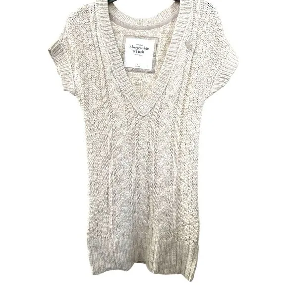Abercrombie Cable Knit V-Neck Tunic Sweater Y2K Cream Small Logo 2000s Preppy S