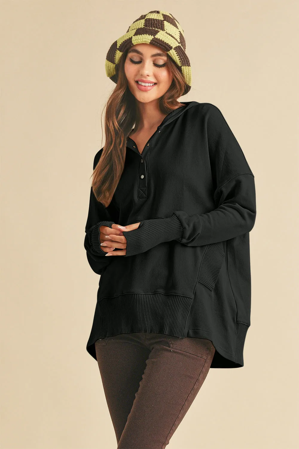 Aemi Co Half Snap Dropped Shoulder Hoodie