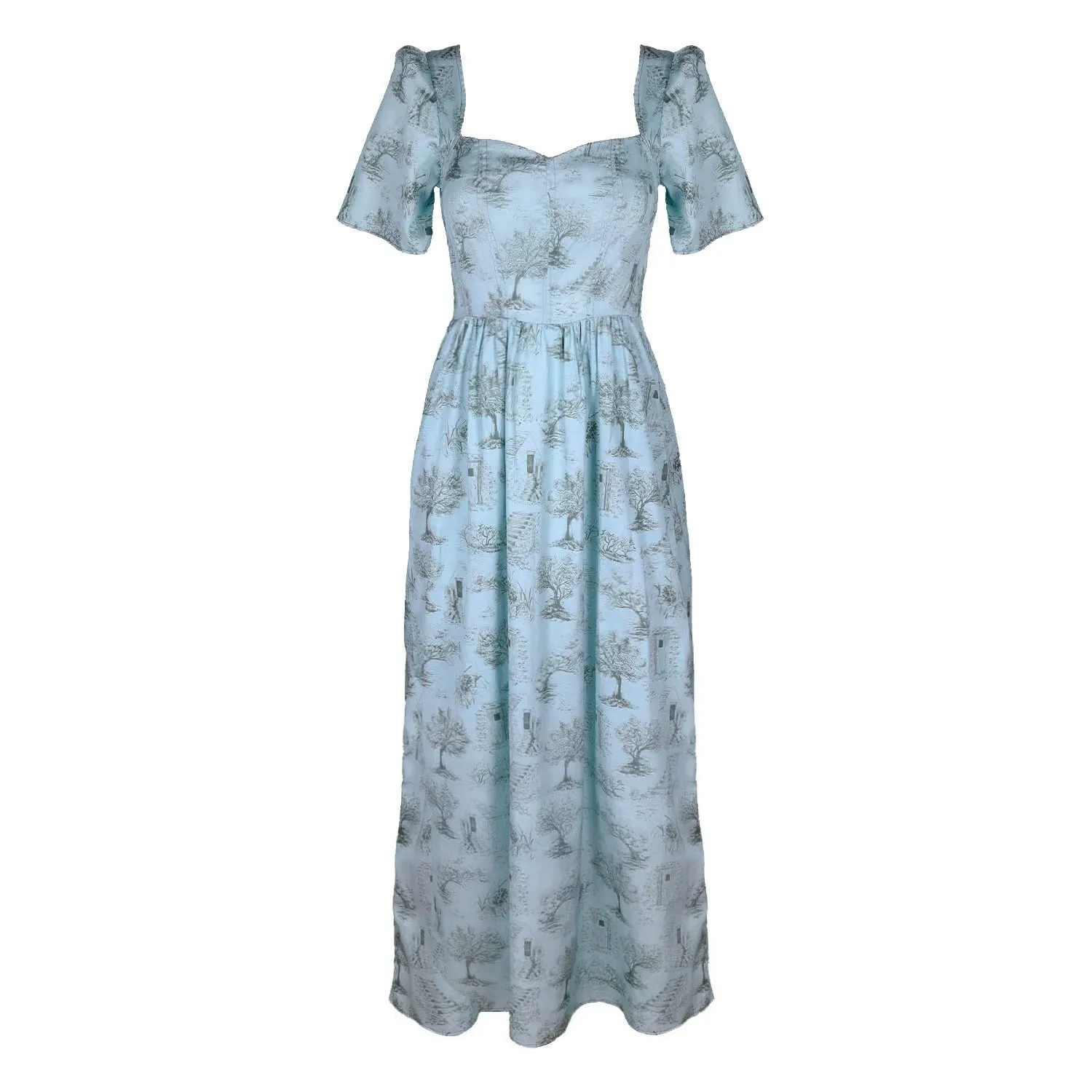 Beatrice Maxi Dress with Sweetheart Neckline / Cottage Blue   Pewter Green Toile Cotton