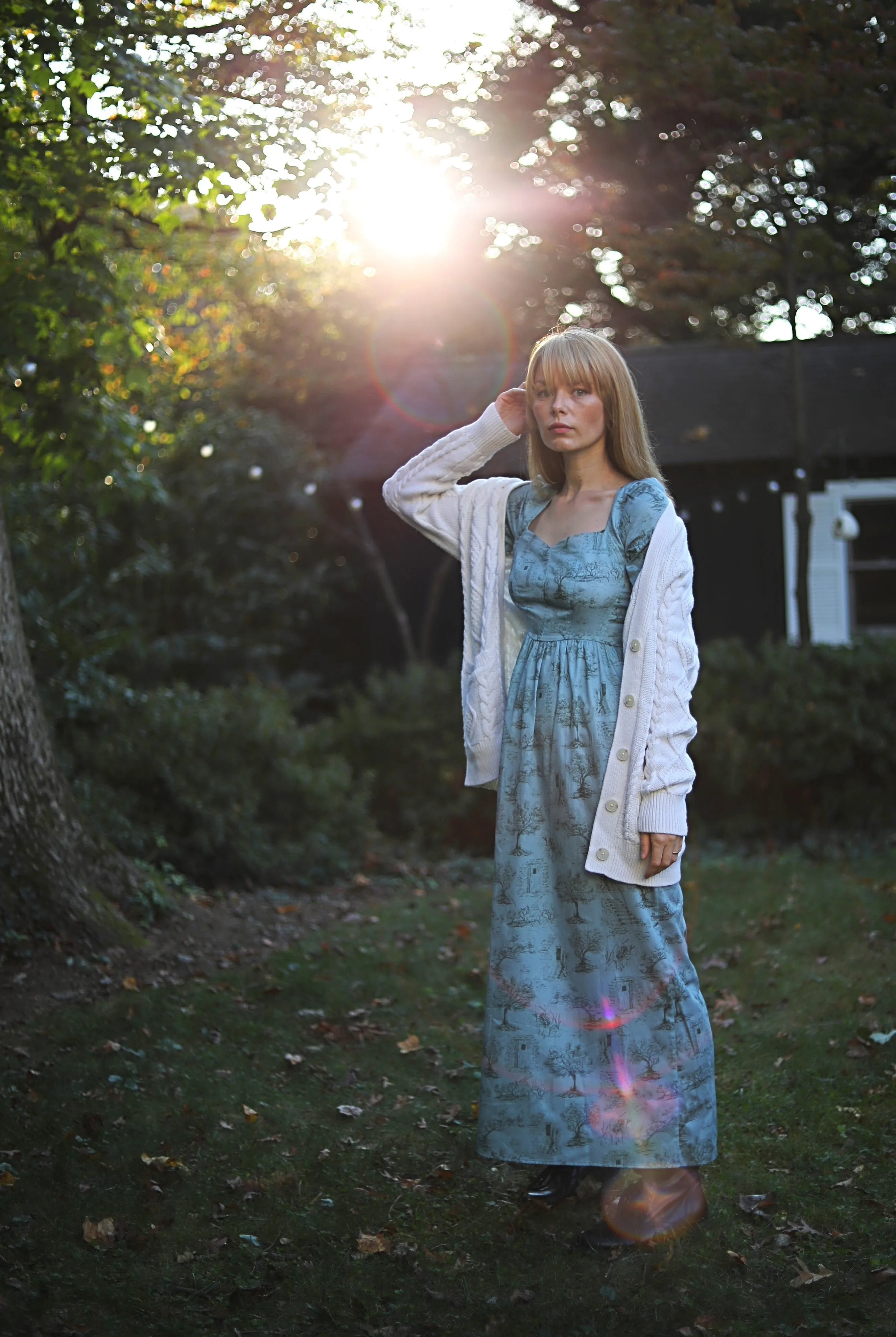 Beatrice Maxi Dress with Sweetheart Neckline / Cottage Blue   Pewter Green Toile Cotton