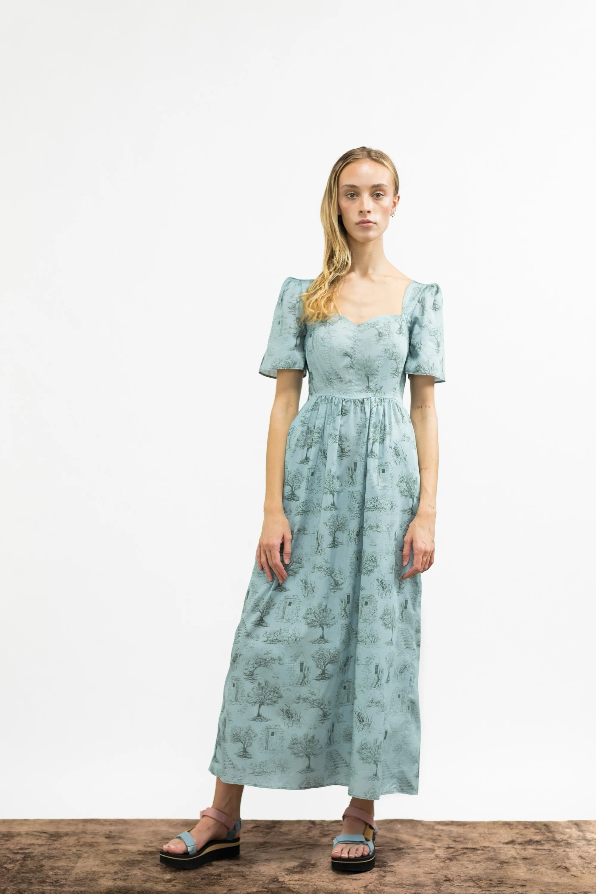 Beatrice Maxi Dress with Sweetheart Neckline / Cottage Blue   Pewter Green Toile Cotton