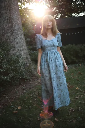 Beatrice Maxi Dress with Sweetheart Neckline / Cottage Blue   Pewter Green Toile Cotton