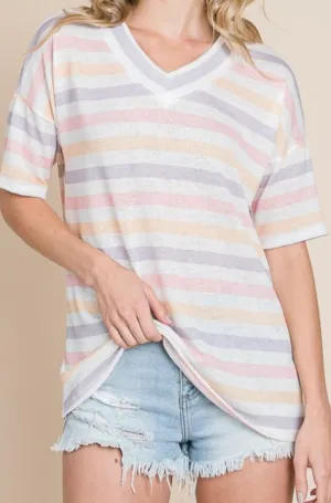 Becky Striped V-Neck Short Sleeve T-Shirt - Online Exclusive