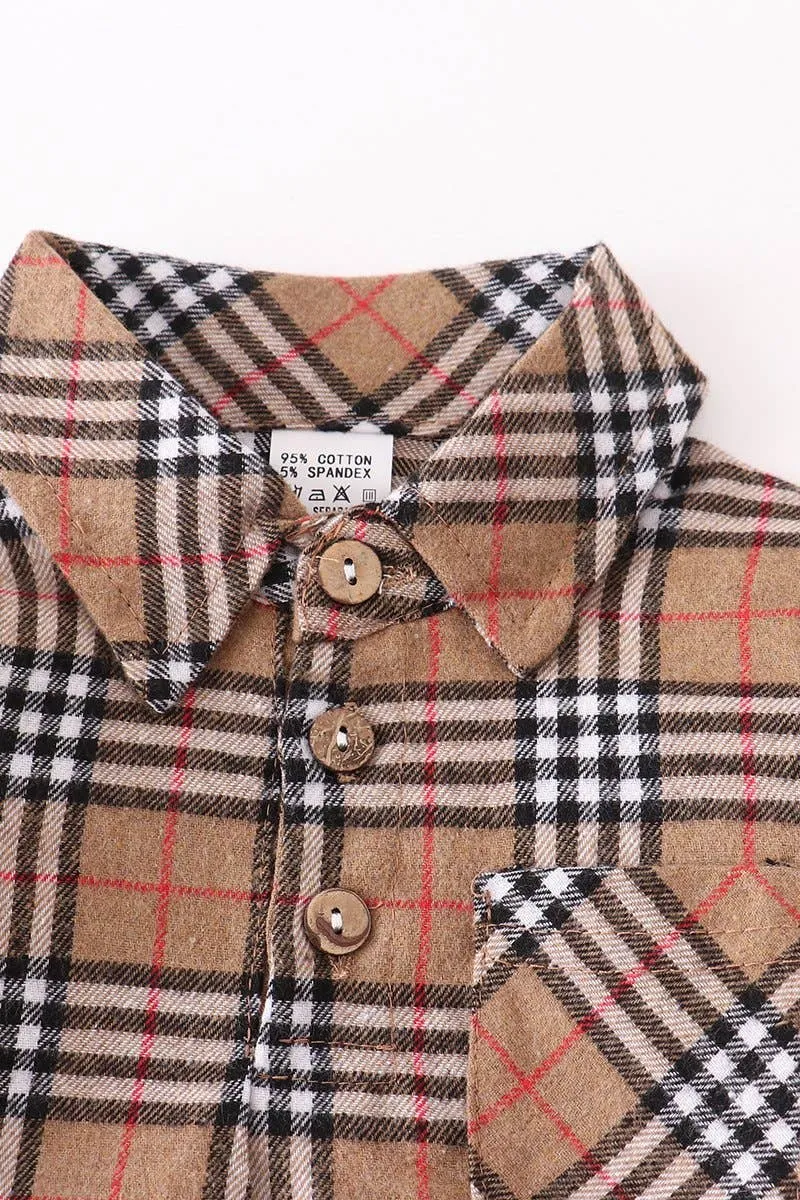 Beige plaid stripes collared baby long sleeve bodysuit