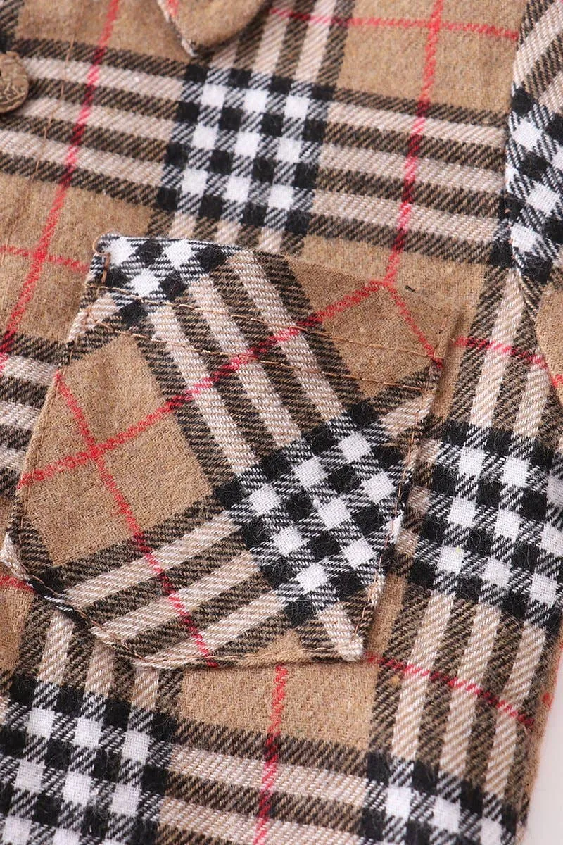 Beige plaid stripes collared baby long sleeve bodysuit