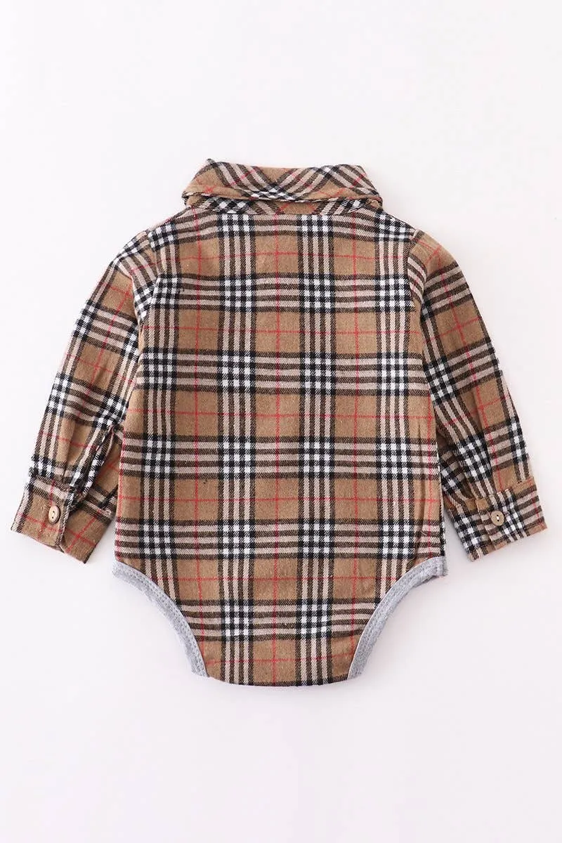 Beige plaid stripes collared baby long sleeve bodysuit