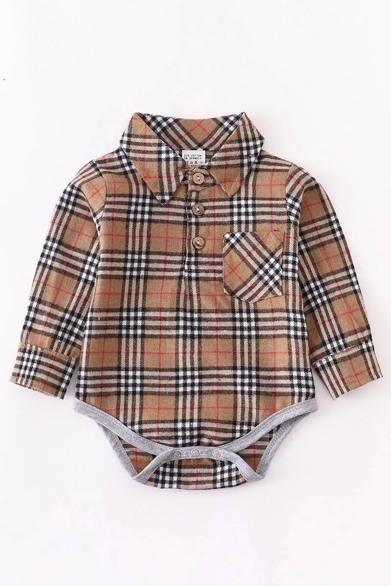 Beige plaid stripes collared baby long sleeve bodysuit
