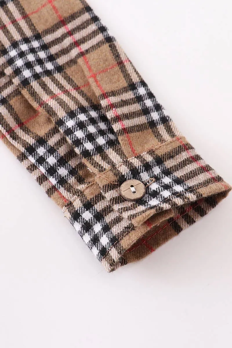 Beige plaid stripes collared baby long sleeve bodysuit