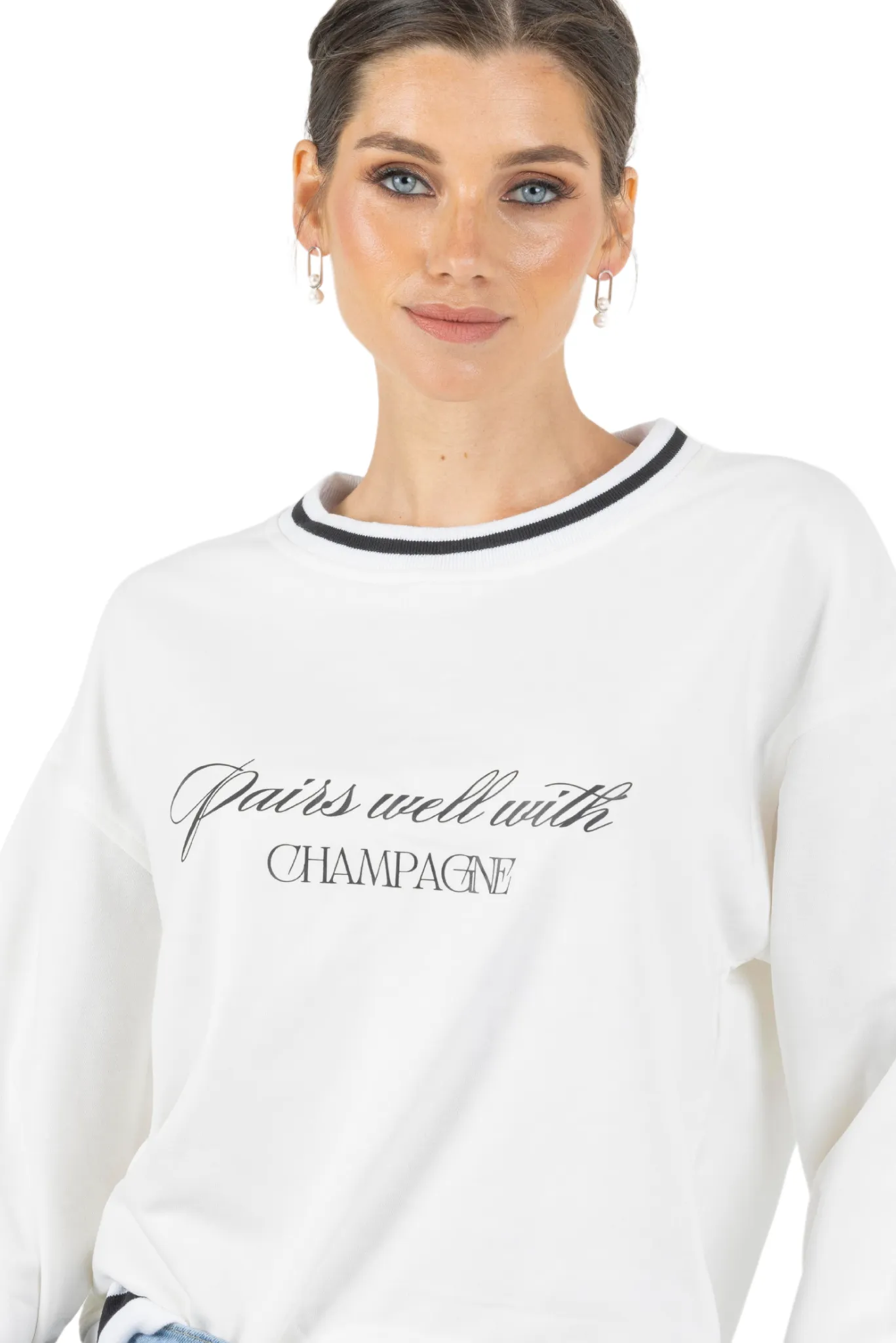 Bella Printed Round Neck Pullover Sweatshirt White