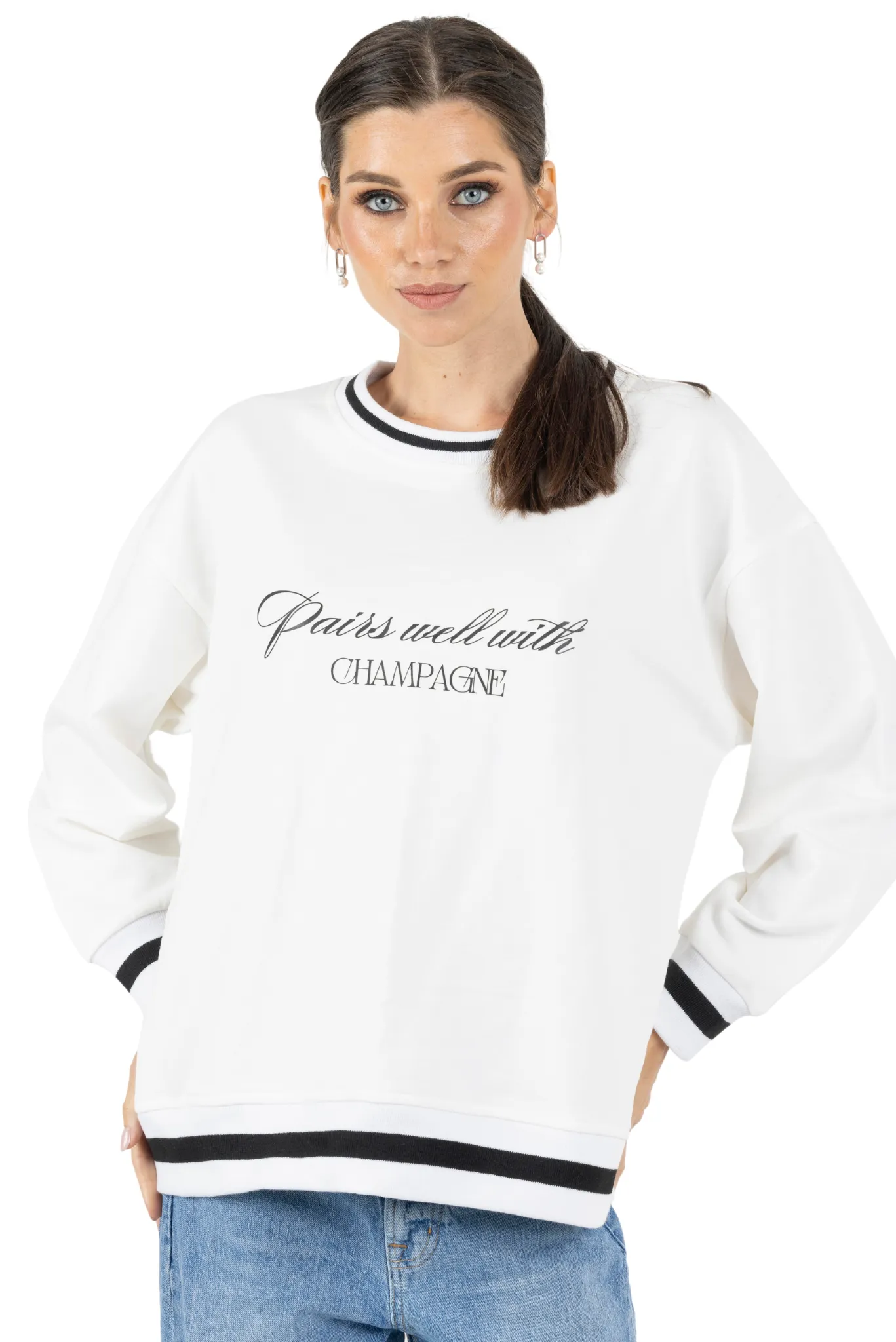 Bella Printed Round Neck Pullover Sweatshirt White