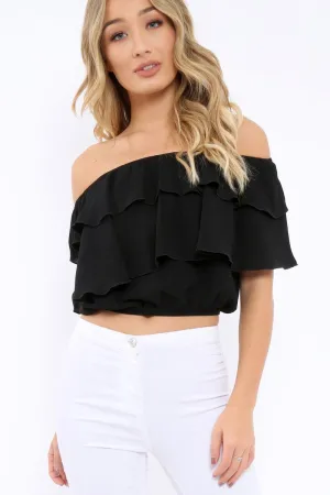 Black Bardot Frill Crop Top - Laila