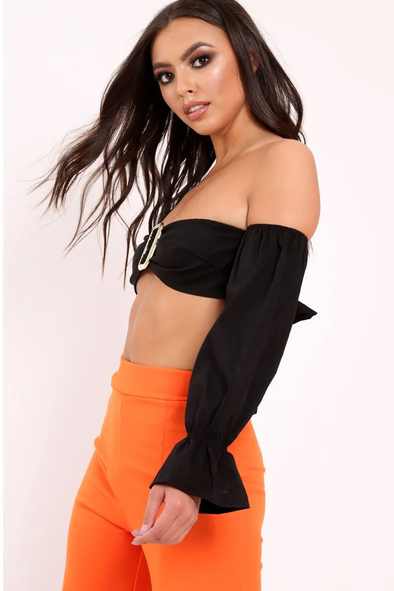 Black Buckle Front Extreme Bardot Crop Top - Theora