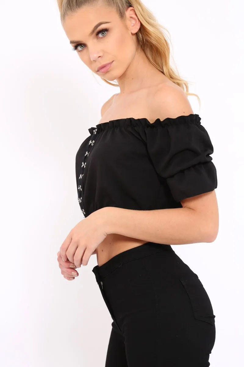Black Hook And Eye Bardot Frill Crop Top - Reanna