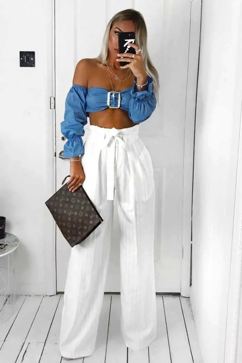 Blue Buckle Front Extreme Bardot Crop Top - Theora