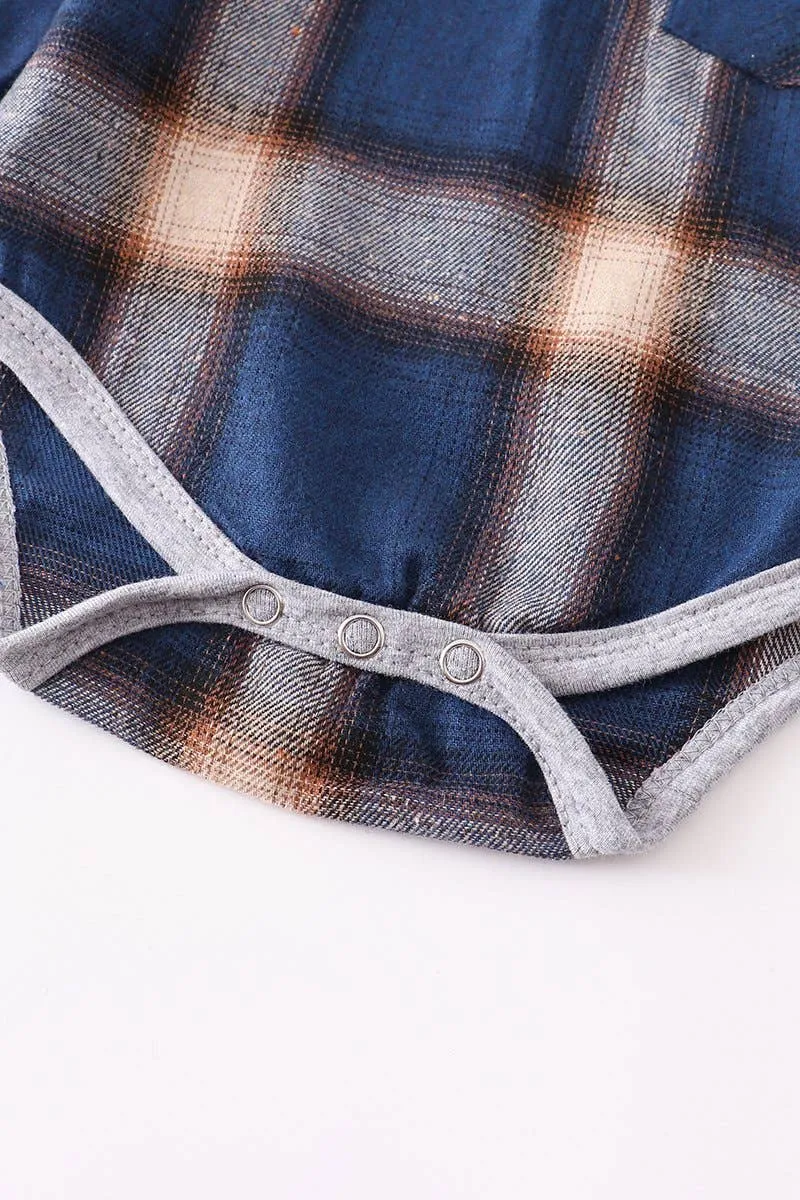 Blue plaid stripes collared baby long sleeve bodysuit