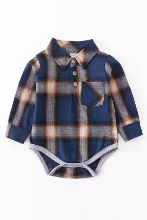 Blue plaid stripes collared baby long sleeve bodysuit