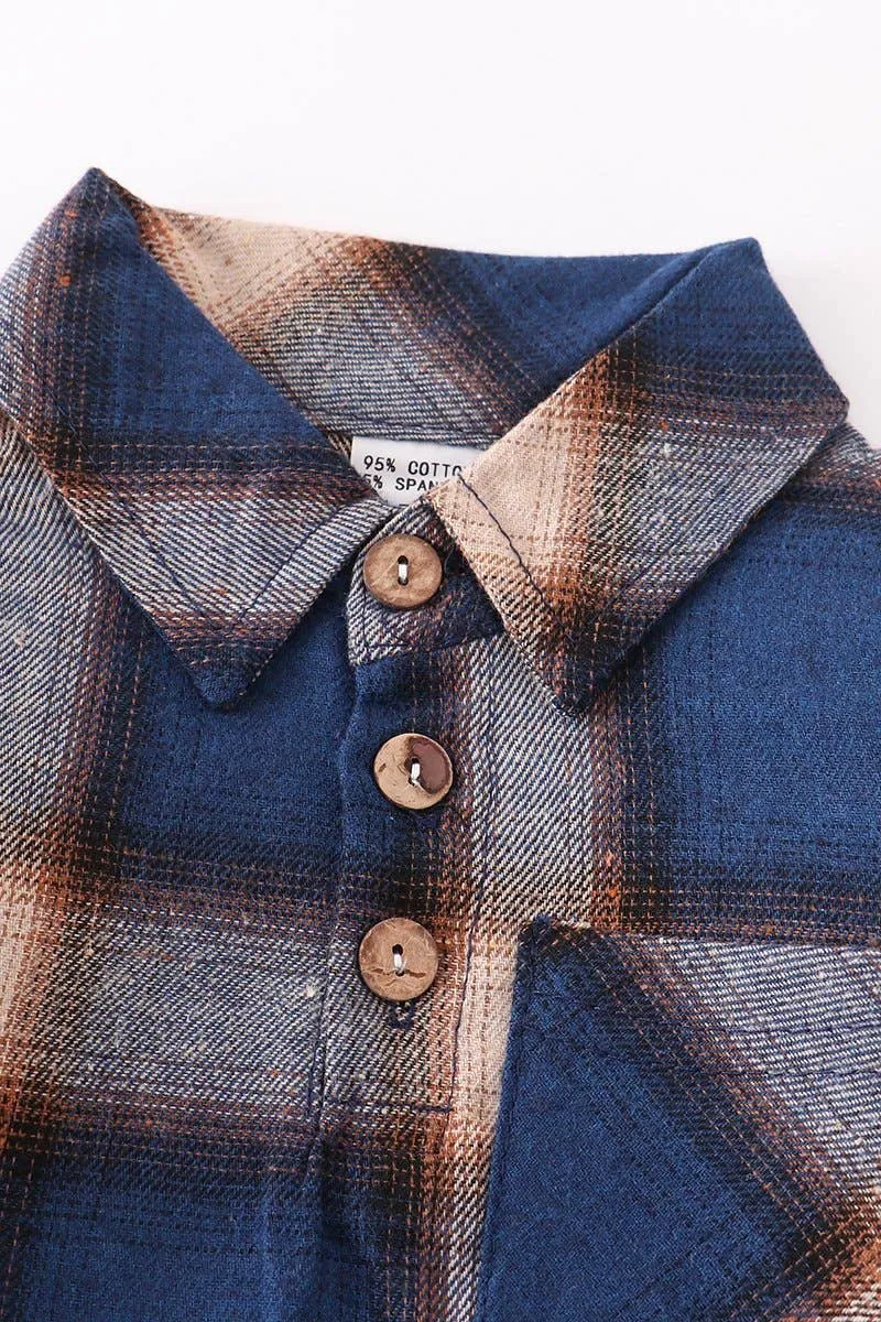 Blue plaid stripes collared baby long sleeve bodysuit