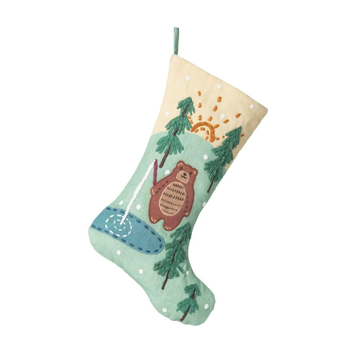 Cabin Bear Appliqued Linen Stocking