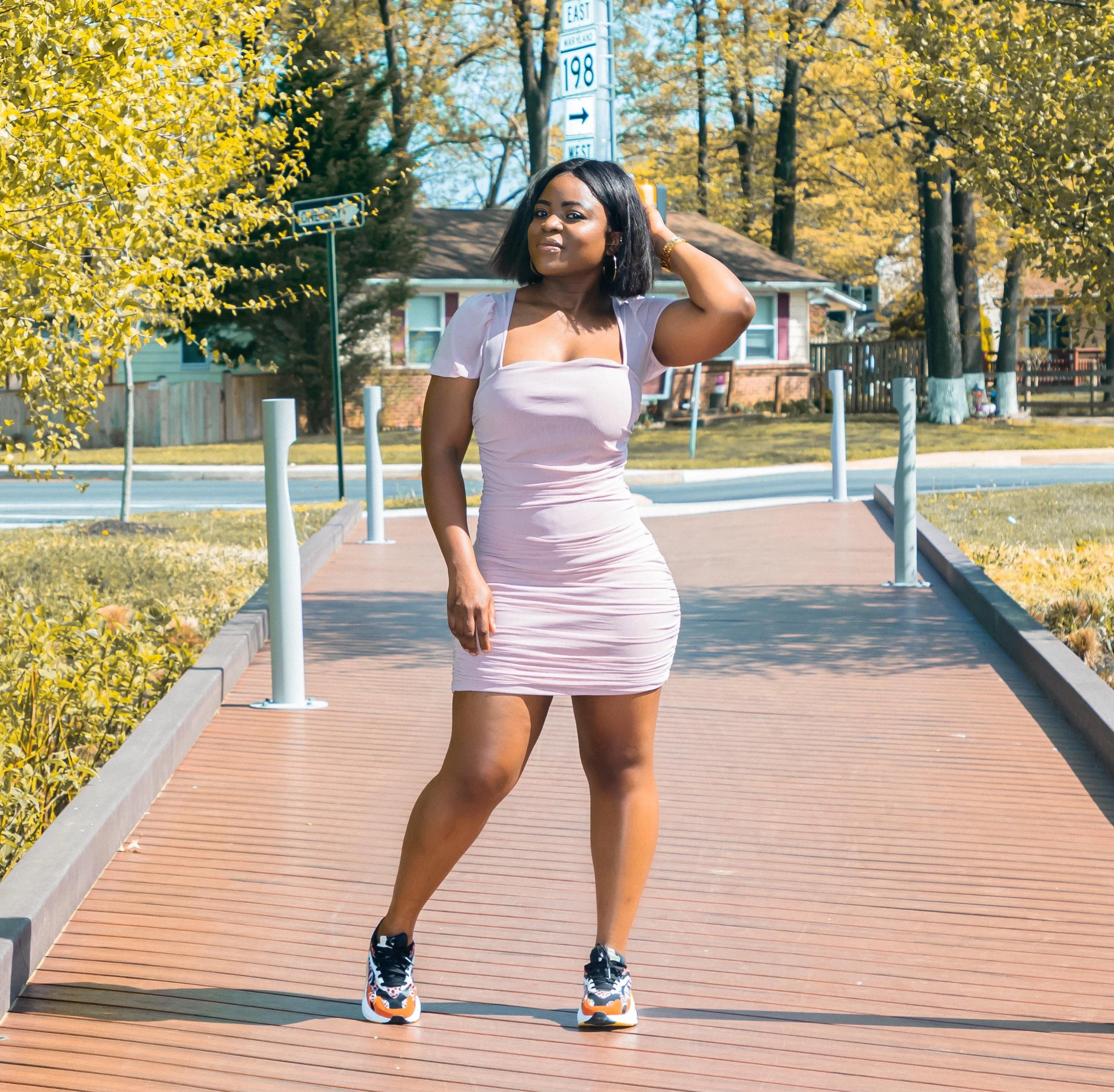 Caramel mesh ruched puff sleeve mini dress