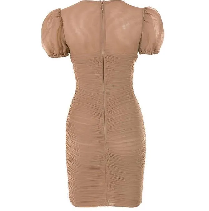 Caramel mesh ruched puff sleeve mini dress