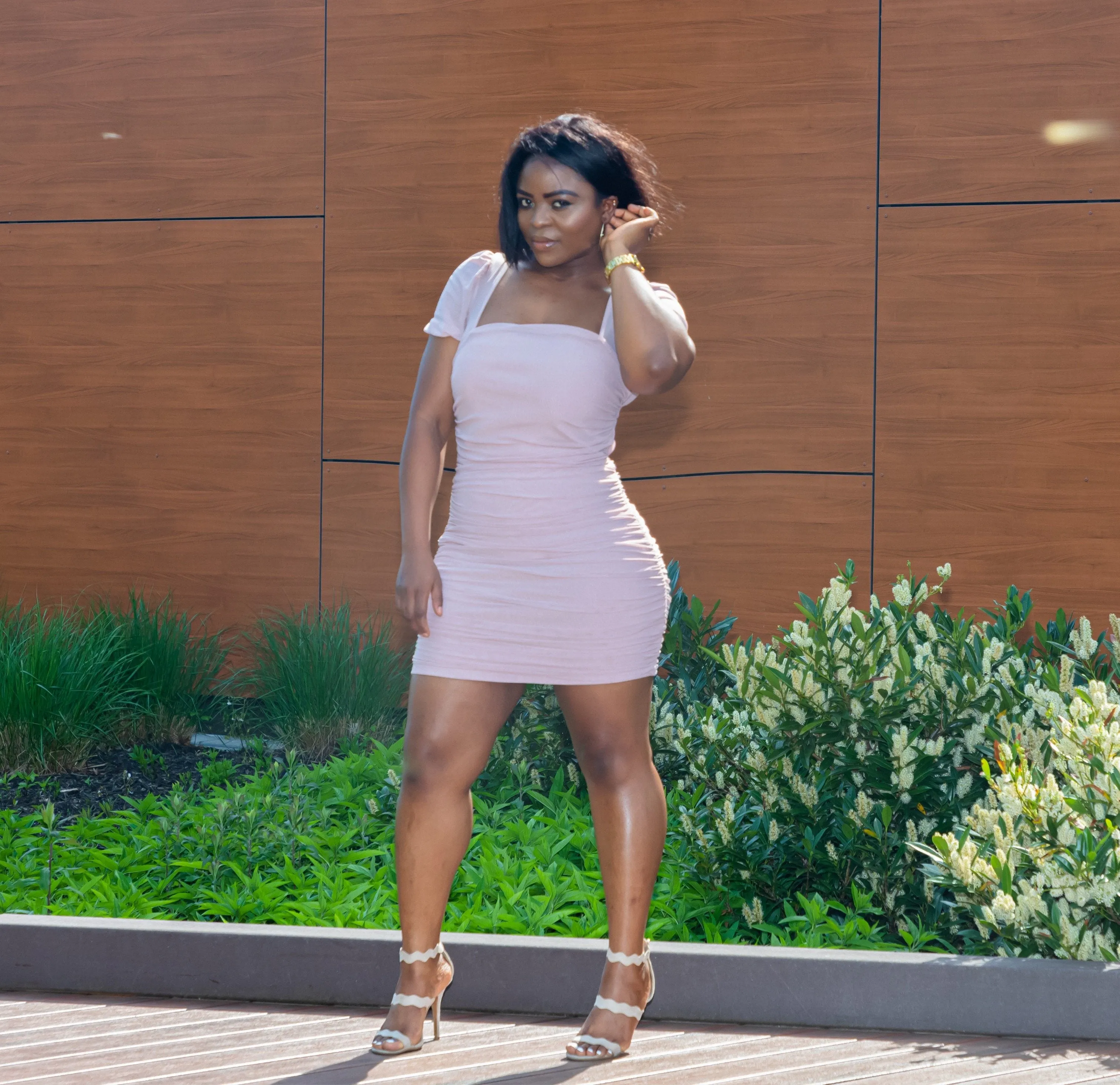 Caramel mesh ruched puff sleeve mini dress