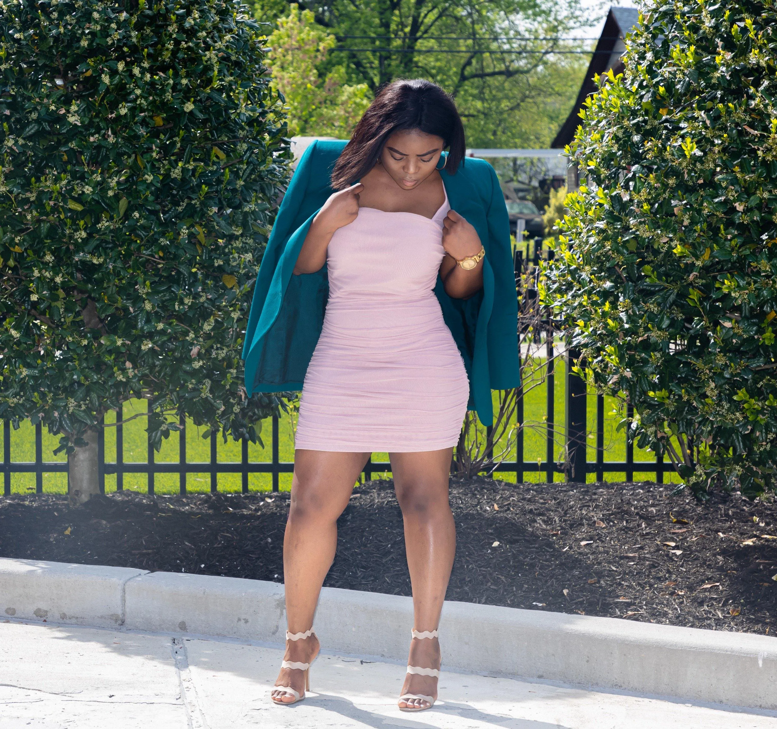 Caramel mesh ruched puff sleeve mini dress