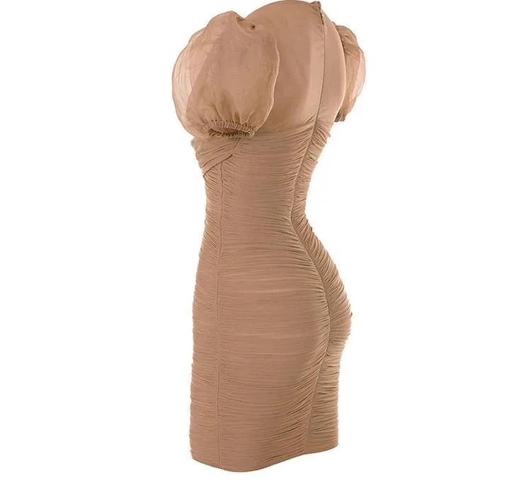 Caramel mesh ruched puff sleeve mini dress