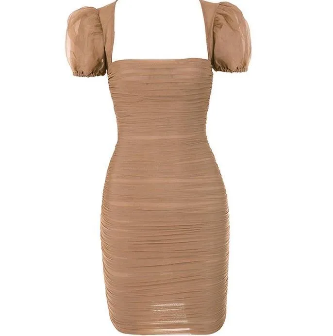 Caramel mesh ruched puff sleeve mini dress