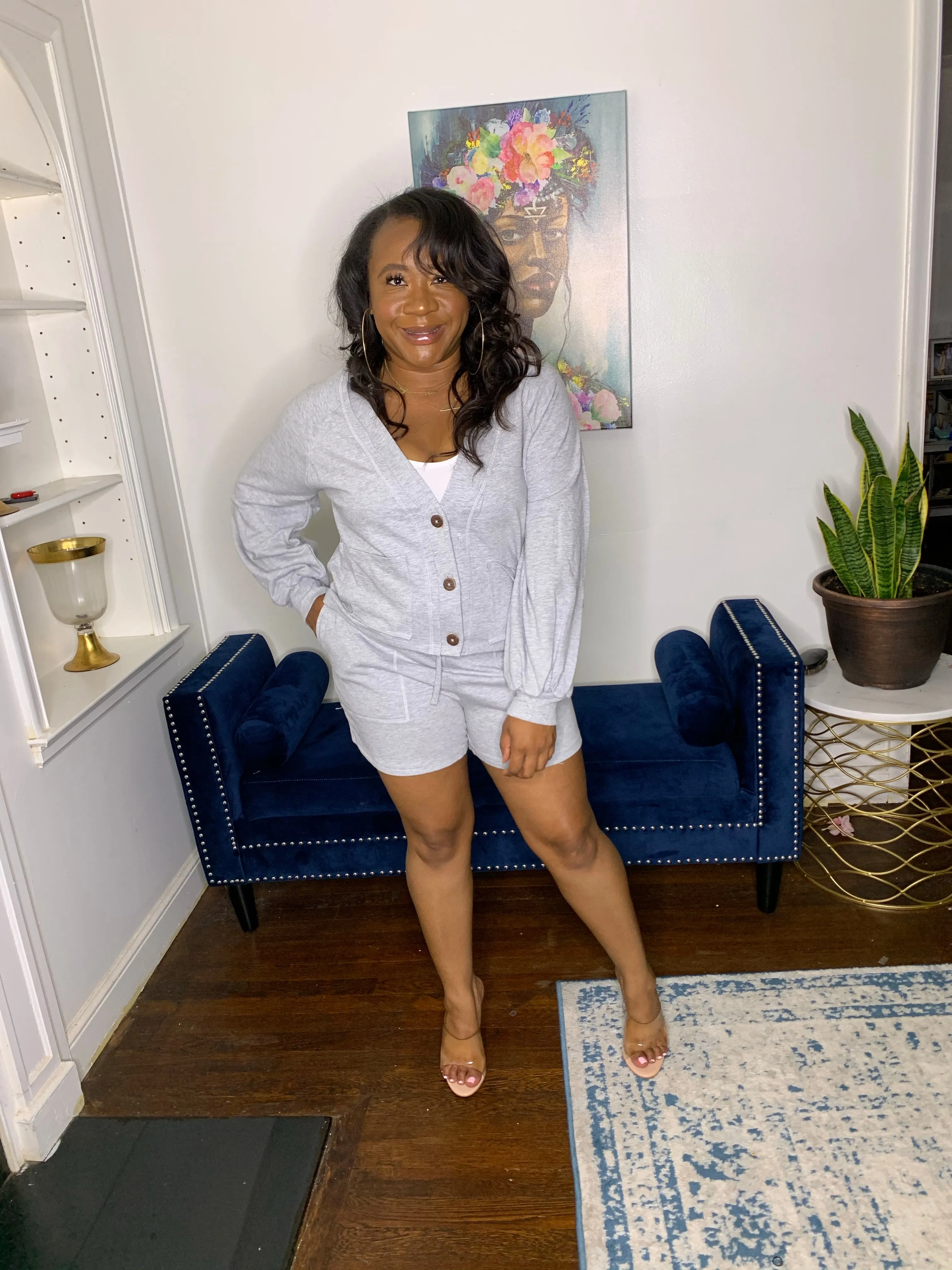 Cardigan Short Set- Heather Grey